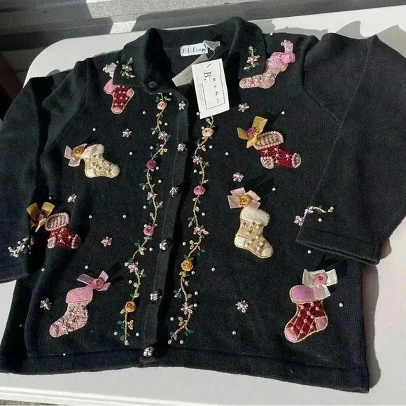 BP Design Cardigan Black Christmas Stockings Design Bead Collared Buttons Size L - Picture 1 of 12